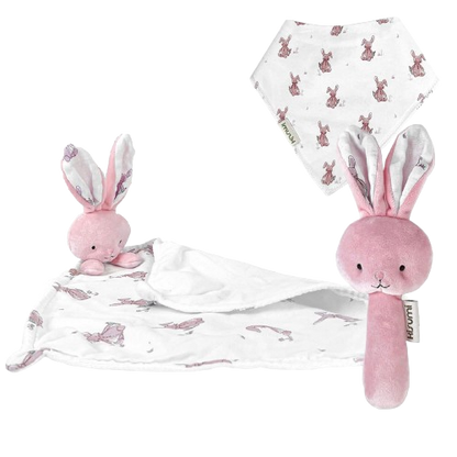 KISUMI set comforter, slabbetje en pluchen rammelaar KONIJN