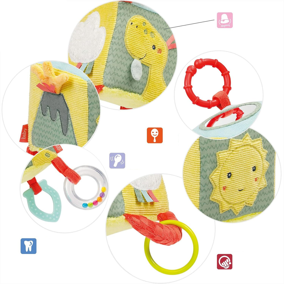 FEHN Happy Dino jucărie de agățat din pluș, cub cu zornăitoare 10 x 10 cm