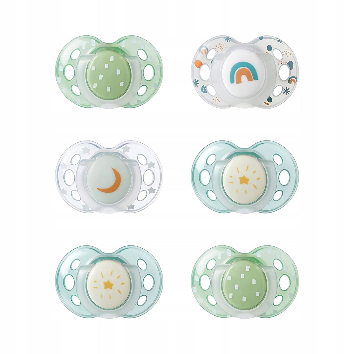 TOMMEE TIPPEE smoczki symetryczne x6 ŚWIECĄ 18-36, zestaw silikonowych smoczków dla dzieci