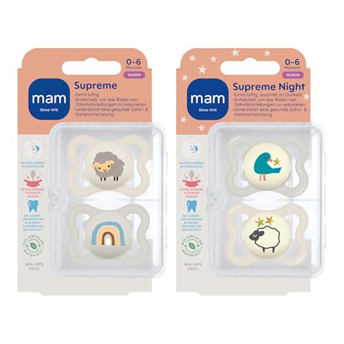 MAM Supreme Day&Night smoczek uspokajający silikonowy 0-6m x4 ŚWIECĄCE, zestaw 2 opakowań