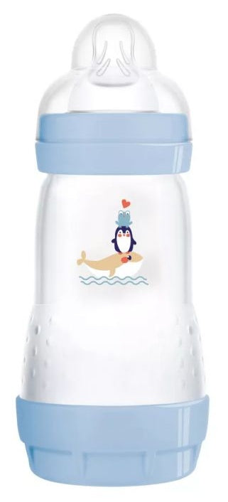 MAM Easy Start butelka antykolkowa 260ml 2m+ biała z niebieskimi elementami i antykolkowym smoczkiem