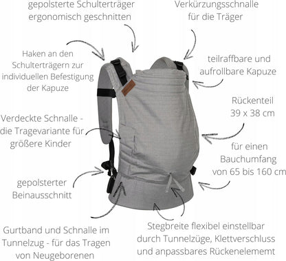 HOPPEDIZ BUCKLE 4w1 nosidełko ergonomiczne 3,5- 20kg, regulowane z miękkimi szelkami i kapturkiem
