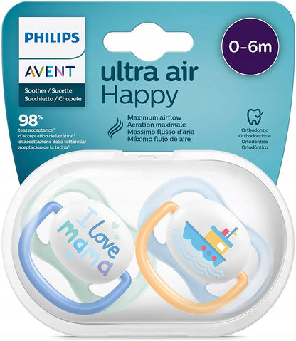 PHILIPS AVENT Ultra Air Happy smoczki x 2 0-6msc, ortodontyczne smoczki uspokajające z etui