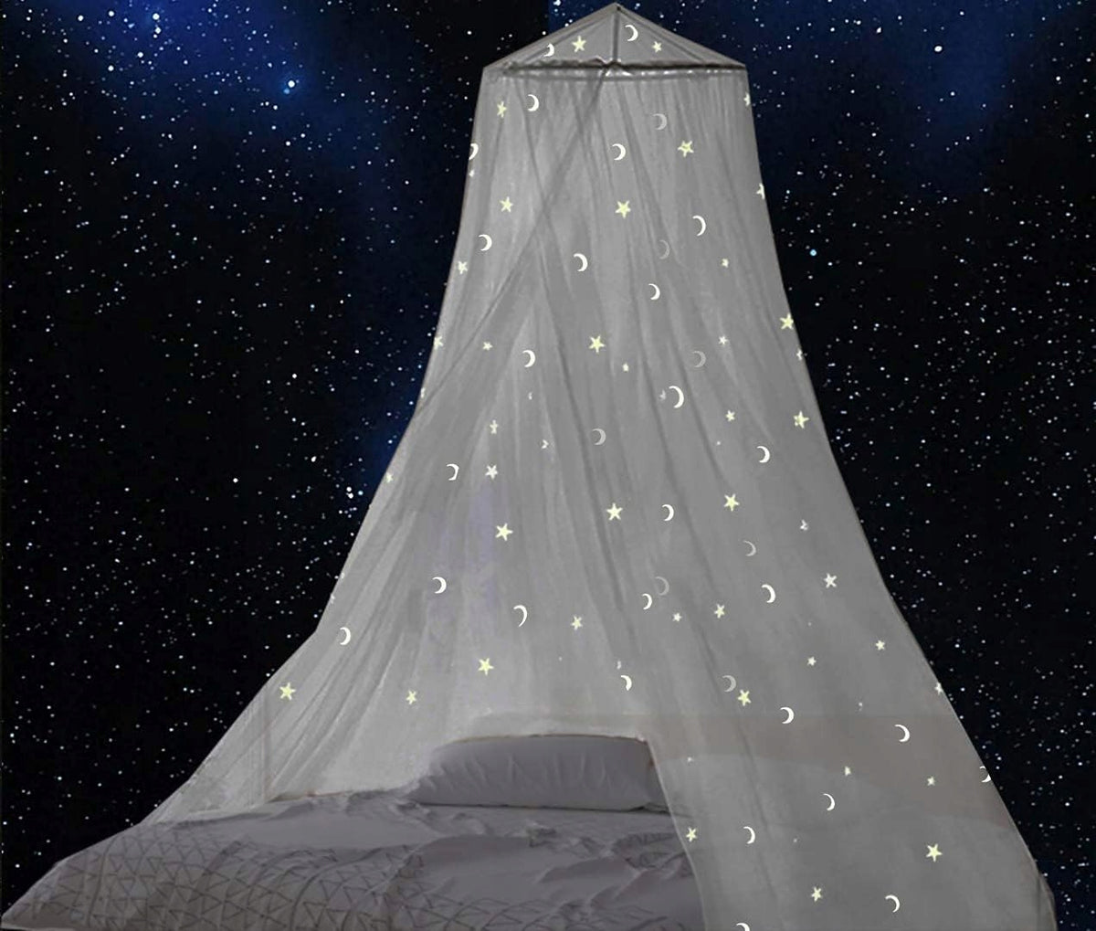 GLOW BED szúnyogháló kiságyhoz, baldachinhoz fluoreszkáló csillagokkal
