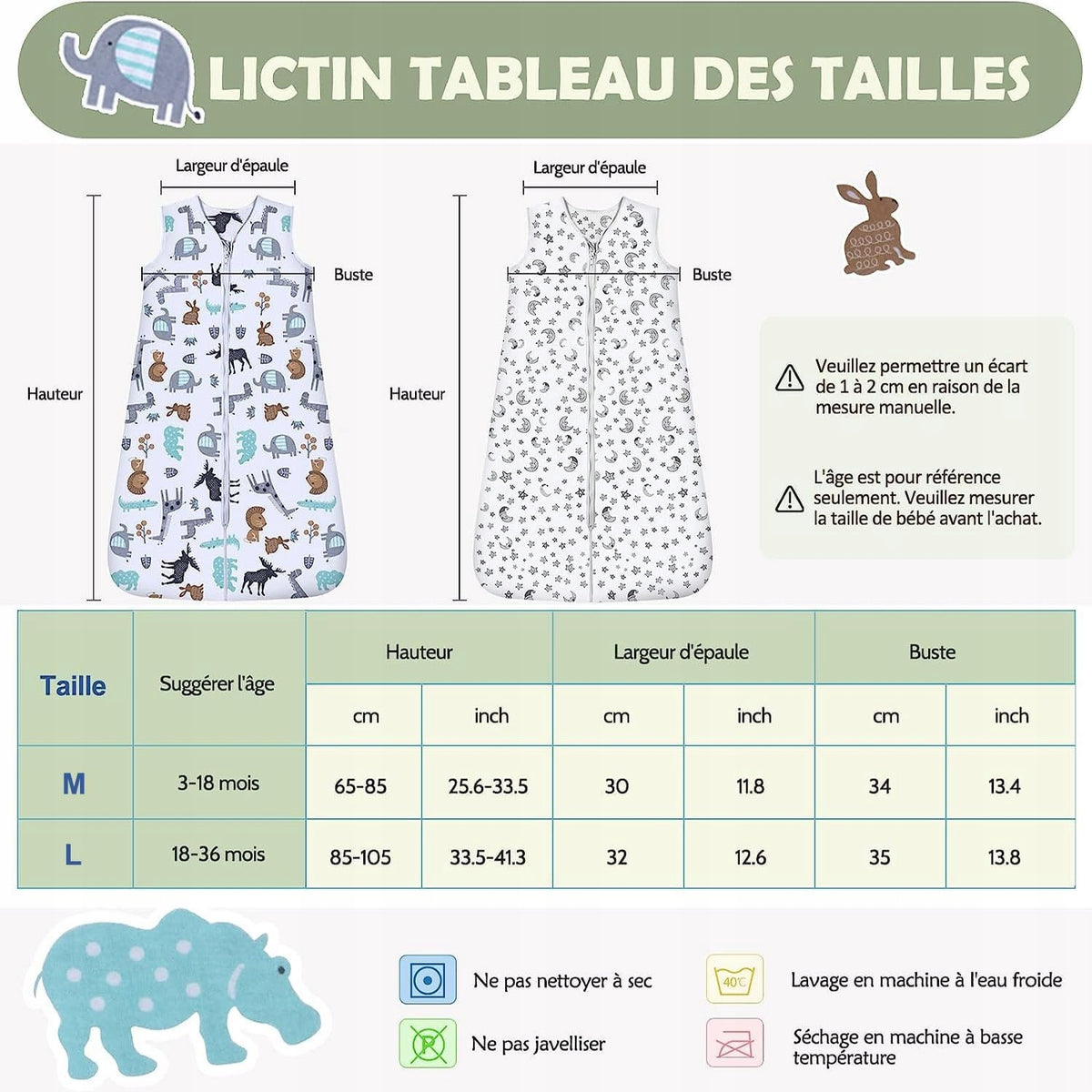 LICTIN śpiworek do spania letni 0,5TOG 65-85cm x2 tabela rozmiarów dla niemowląt M i L