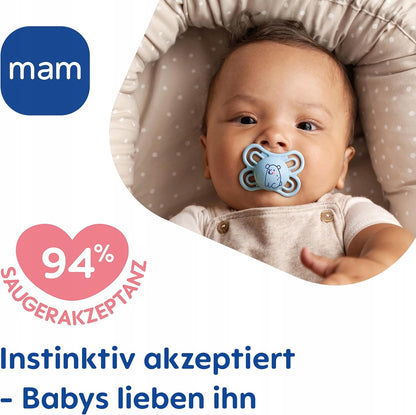 MAM Perfect smoczek uspokajający x2 0-6msc + box, ortodontyczny silikonowy smoczek dla niemowląt