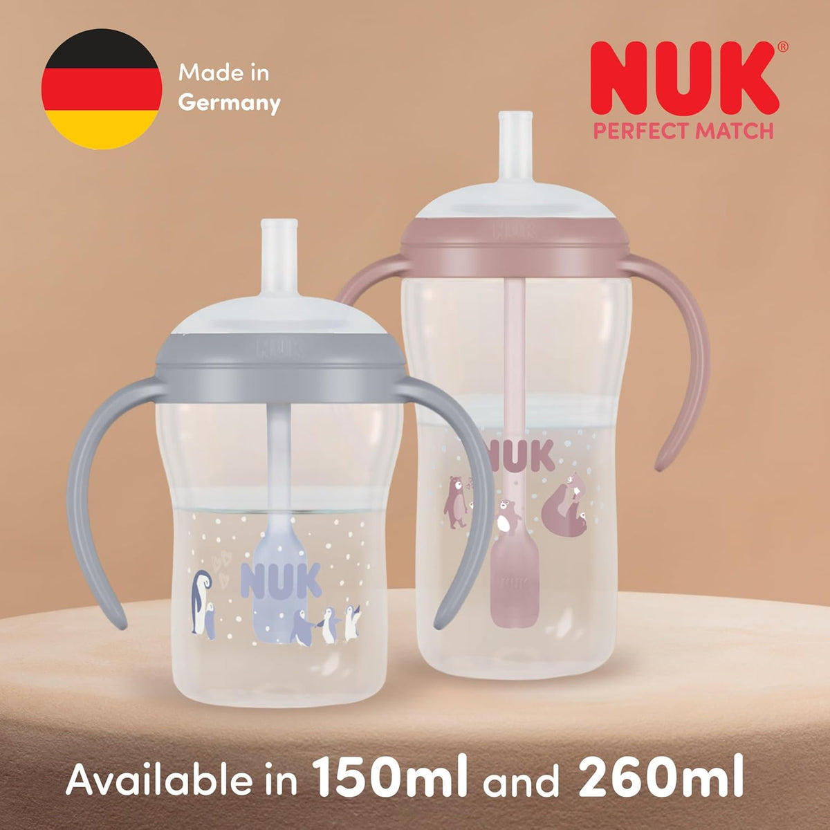 NUK Perfect Match kubek ze słomką 260 ml 8m+ z antypoślizgowymi uchwytami, miękką silikonową słomką i systemem ograniczającym wyciekanie