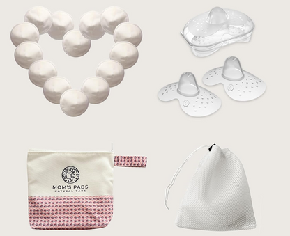 MOM'S PADS bamboe voedingsinlegkruisjes x14 + waszakje, toilettas