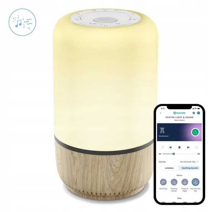 MAXI-COSI Soothe lampka nocna LED z głośnikiem aplikacja Connected Home, biało-brązowa