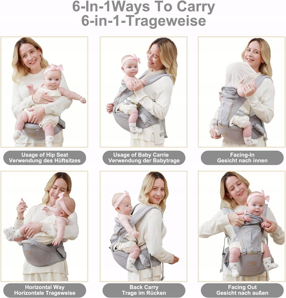 GROWNSY porte-bébé ergonomique avec ceinture abdominale 6-en-1