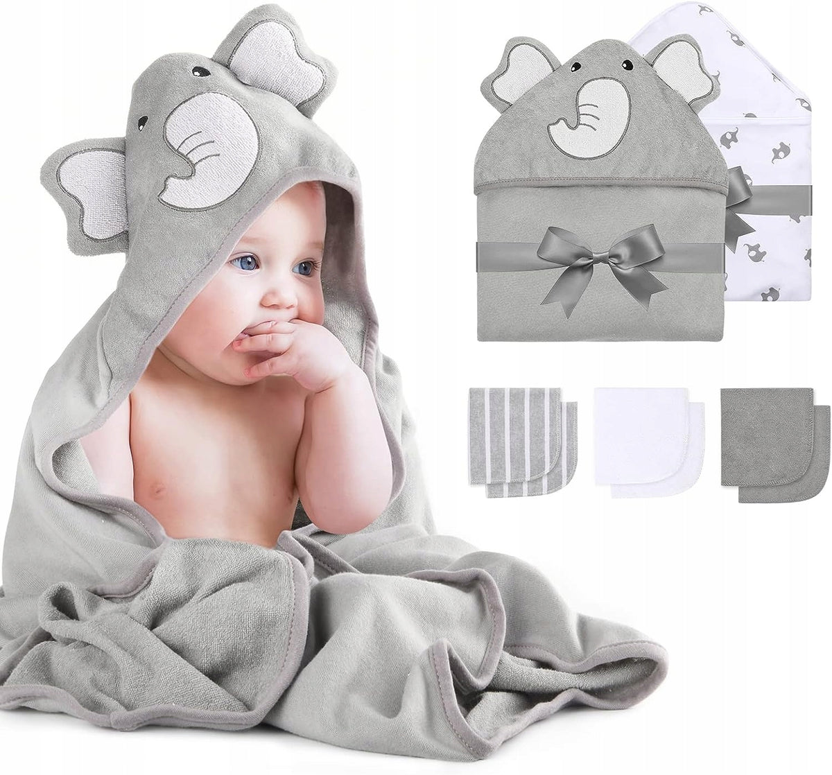 MOMCOZY kapucnis törölköző 2 db 76 x 76 +6 24 x 24 mosdó kendő