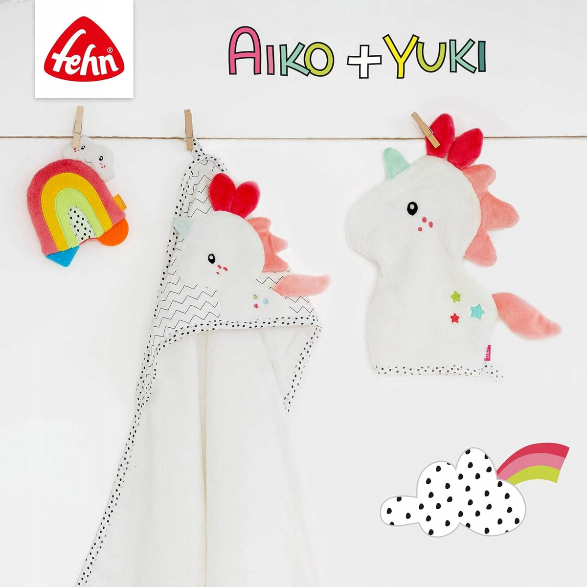 FEHN Aiko&Yuki zawieszka z grzechotką i chwytakiem do wózka, fotelika, biała 0+ z gryzakiem i lusterkiem