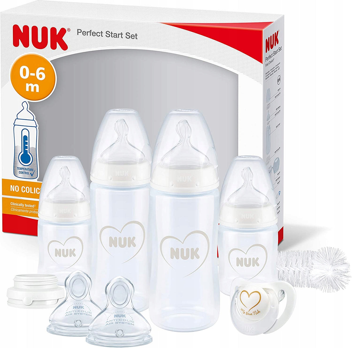 NUK zestaw Perfect Start 0-18 kontrola temperatury, butelki, smoczki i akcesoria dla niemowląt