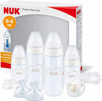 NUK zestaw Perfect Start 0-18 kontrola temperatury, butelki, smoczki i akcesoria dla niemowląt