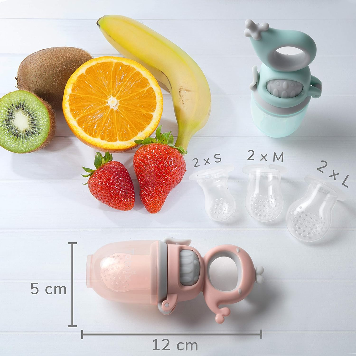 TABRIX bijtring fruitdispenser voor kinderen 3 m+ 2 stuks 6 mondstukken
