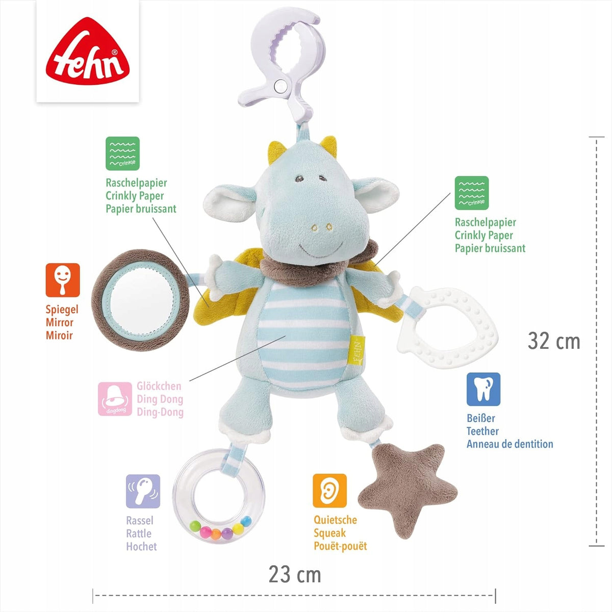 FEHN hangfiguur met rammelaar DRAAK 32x23 cm