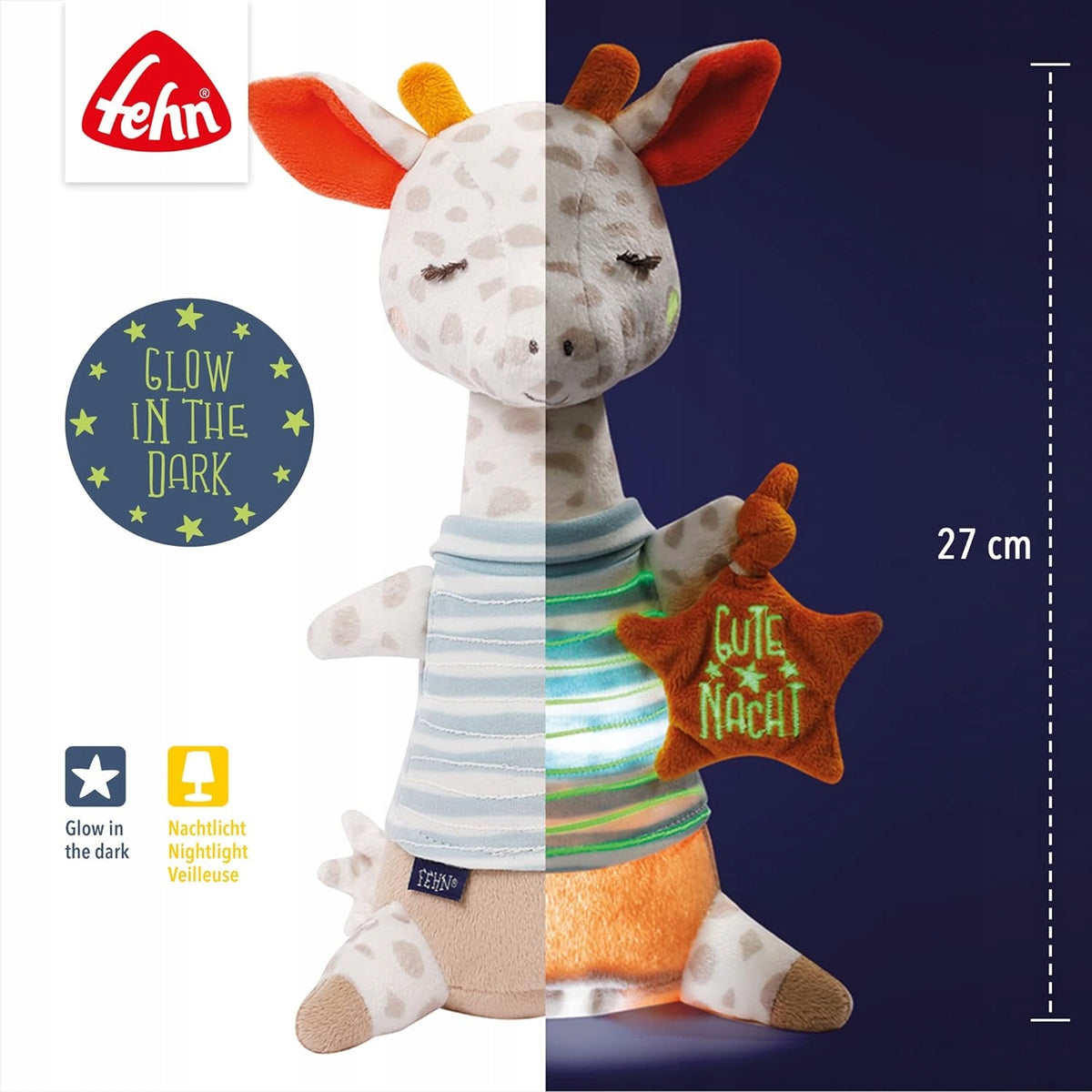 FEHN lampka nocna przytulanka żyrafa 27cm GUTE NACHT świecąca w ciemności dla dzieci