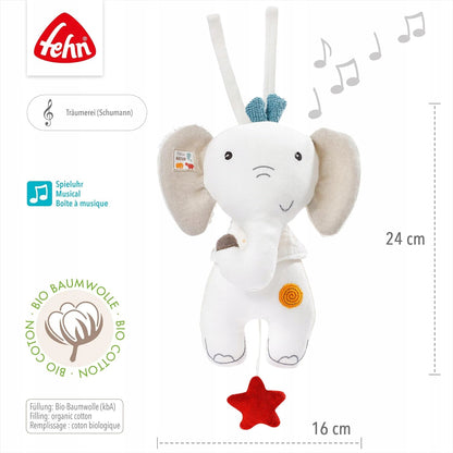 FEHN NATURE pluszowy Słoń BioBawełna 24cm, muzyczna przytulanka z organicznej bawełny dla niemowląt