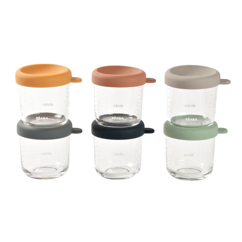 Béaba Glass Portions Sunrise – szklane pojemniki z kolorowymi pokrywkami
