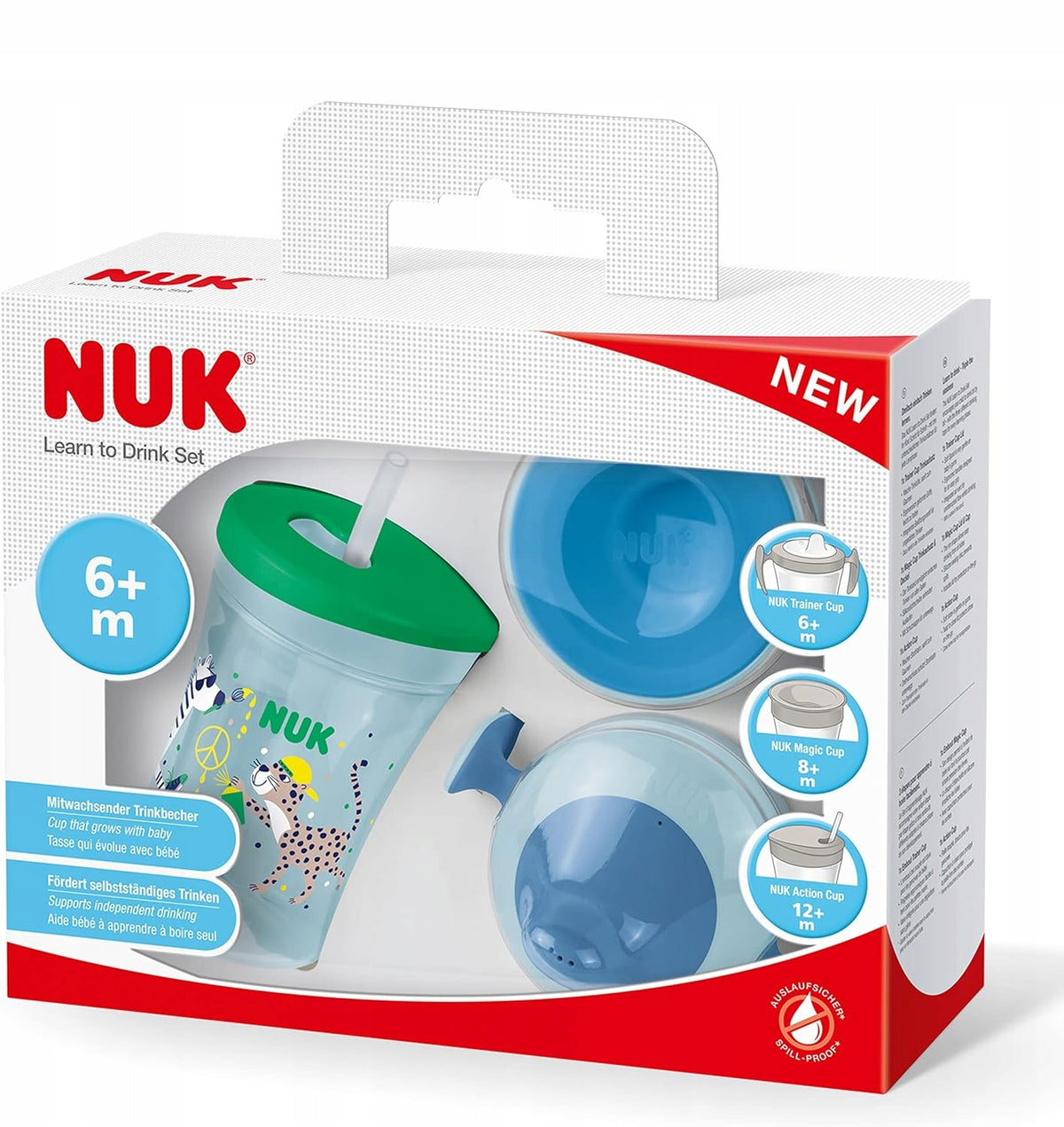 NUK zestaw do nauki picia kubek + 3 ustniki, kubek treningowy 230 ml 6m+ z zieloną pokrywką i niebieskimi ustnikami