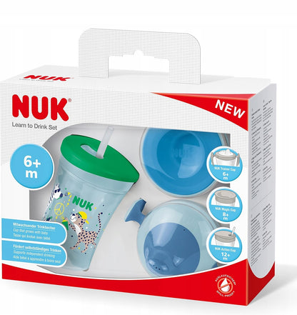 NUK zestaw do nauki picia kubek + 3 ustniki, kubek treningowy 230 ml 6m+ z zieloną pokrywką i niebieskimi ustnikami
