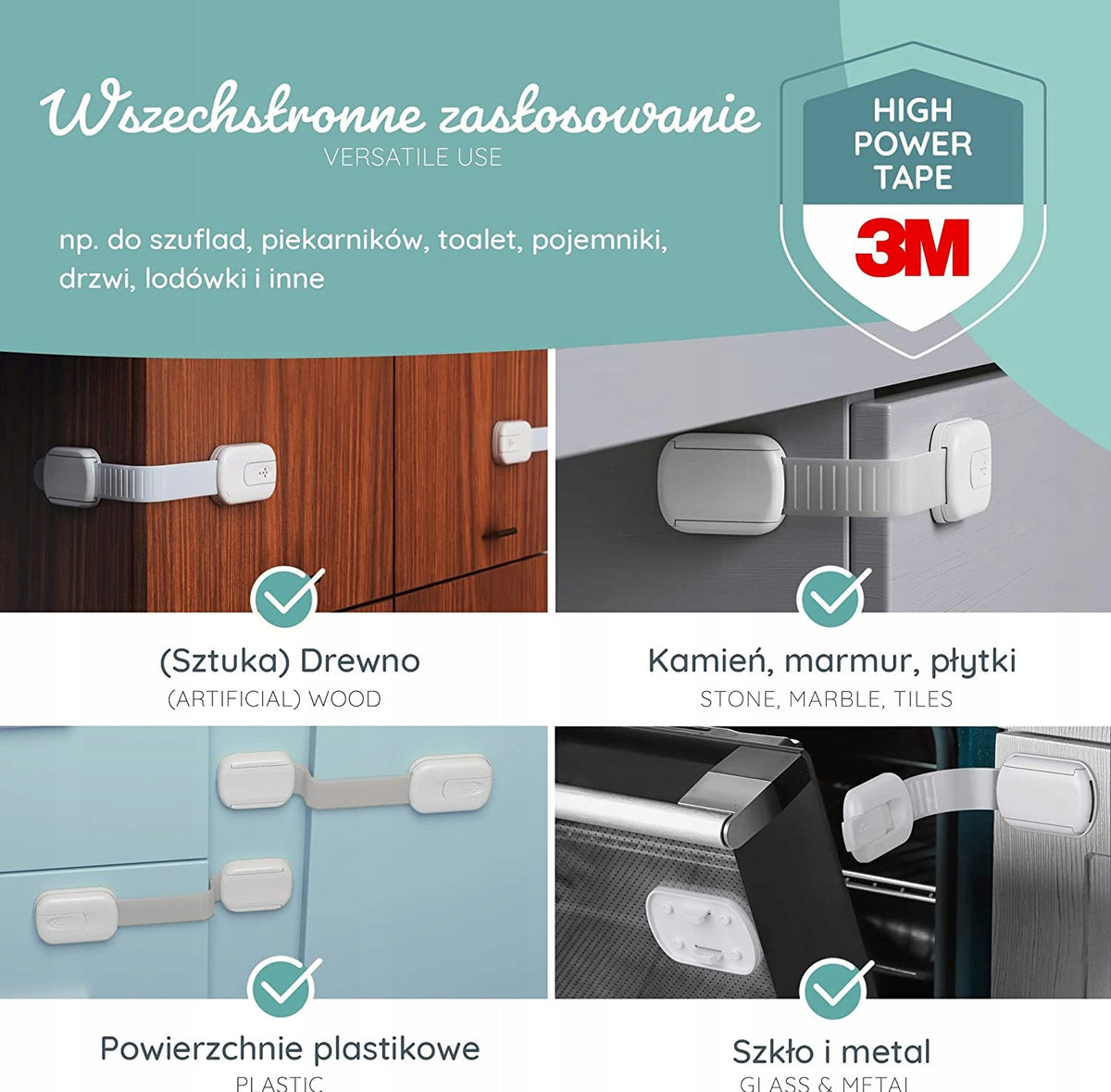 BEARTOP zabezpieczenie szafek i szuflad x1 z taśmą 3M, do drewna, plastiku, szkła i metalu