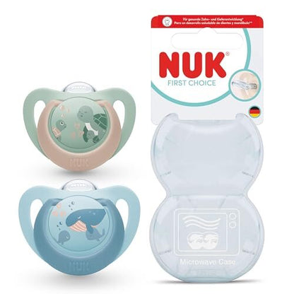 NUK First Choice smoczki 18-36 mies. 2 szt. Żółw/Wieloryb, smoczki uspokajające z etui