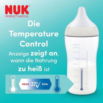 NUK Perfect Match butelki antykolkowe 260 ml 3m+ x4 z Temperature Control do 37°C i systemem antykolkowym