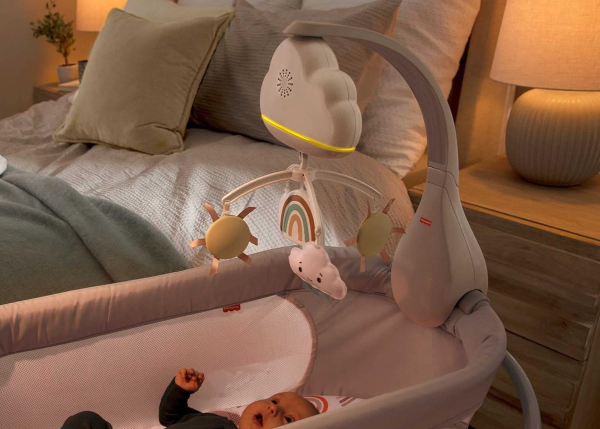 FISHER PRICE 2w1 karuzela z czujnikiem hałasu, lampka nocna na stolik przy łóżeczku dziecka, szaro-biała