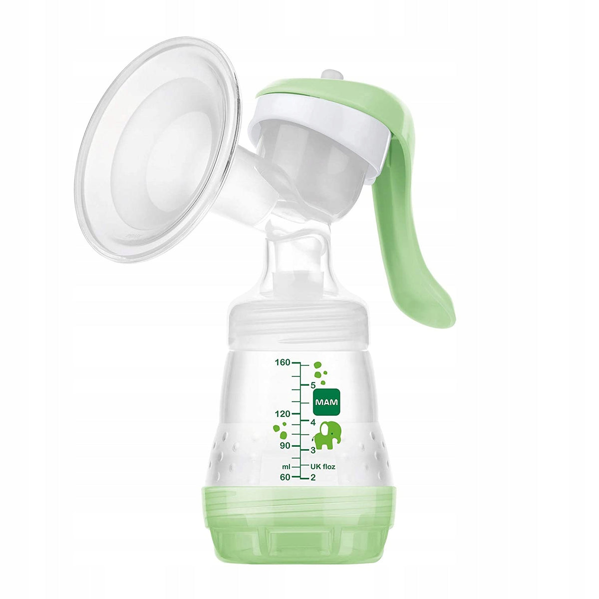 MAM kompaktowy LAKTATOR RĘCZNY z butelką 160 ml, biało-zielony, ergonomiczny i BPA/BPS free