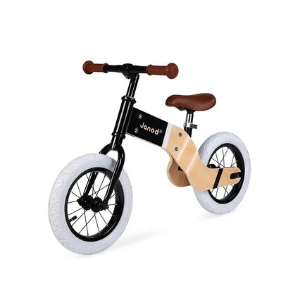 JANOD Bikloon Deluxe drewniany rowerek biegowy 12" siodełko 40-46 cm, czarno-brązowo-biały