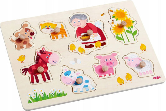 HABA houten insteekpuzzel 8 stukjes 21 x 30 cm BABY EN HAAR DIEREN