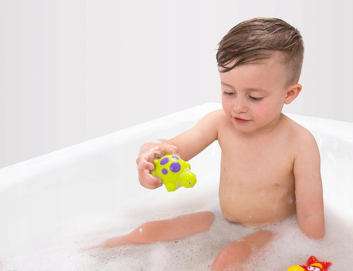 PLAYGRO 3 giocattoli da bagno + rete portaoggetti con ventosa