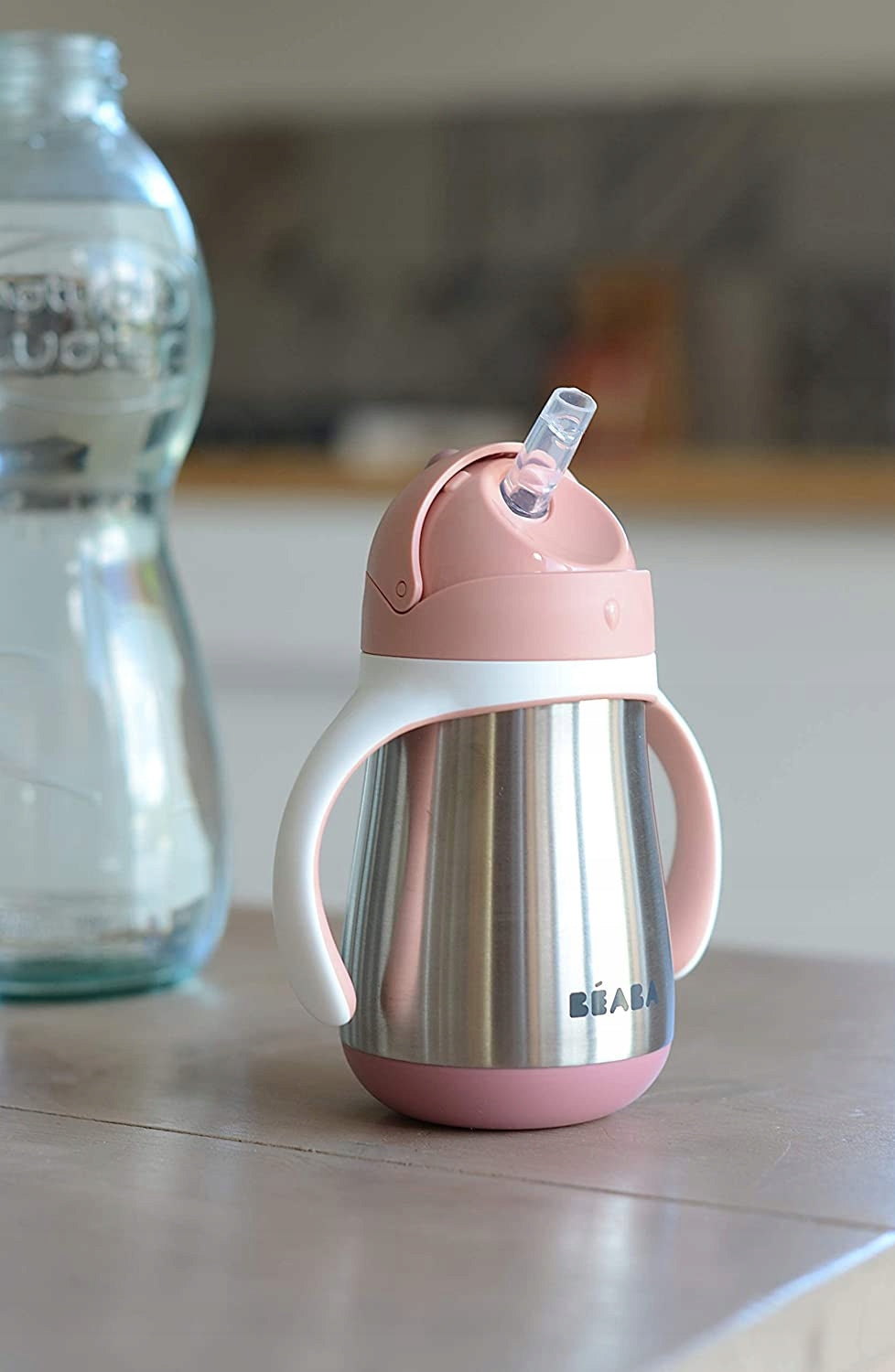 BEABA kubek niekapek ze słomką STALOWY 250 ml, różowy, stal nierdzewna