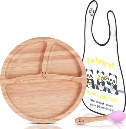 BABYLOVIT Bambusteller mit Saugnapf + Löffel und Lätzchen