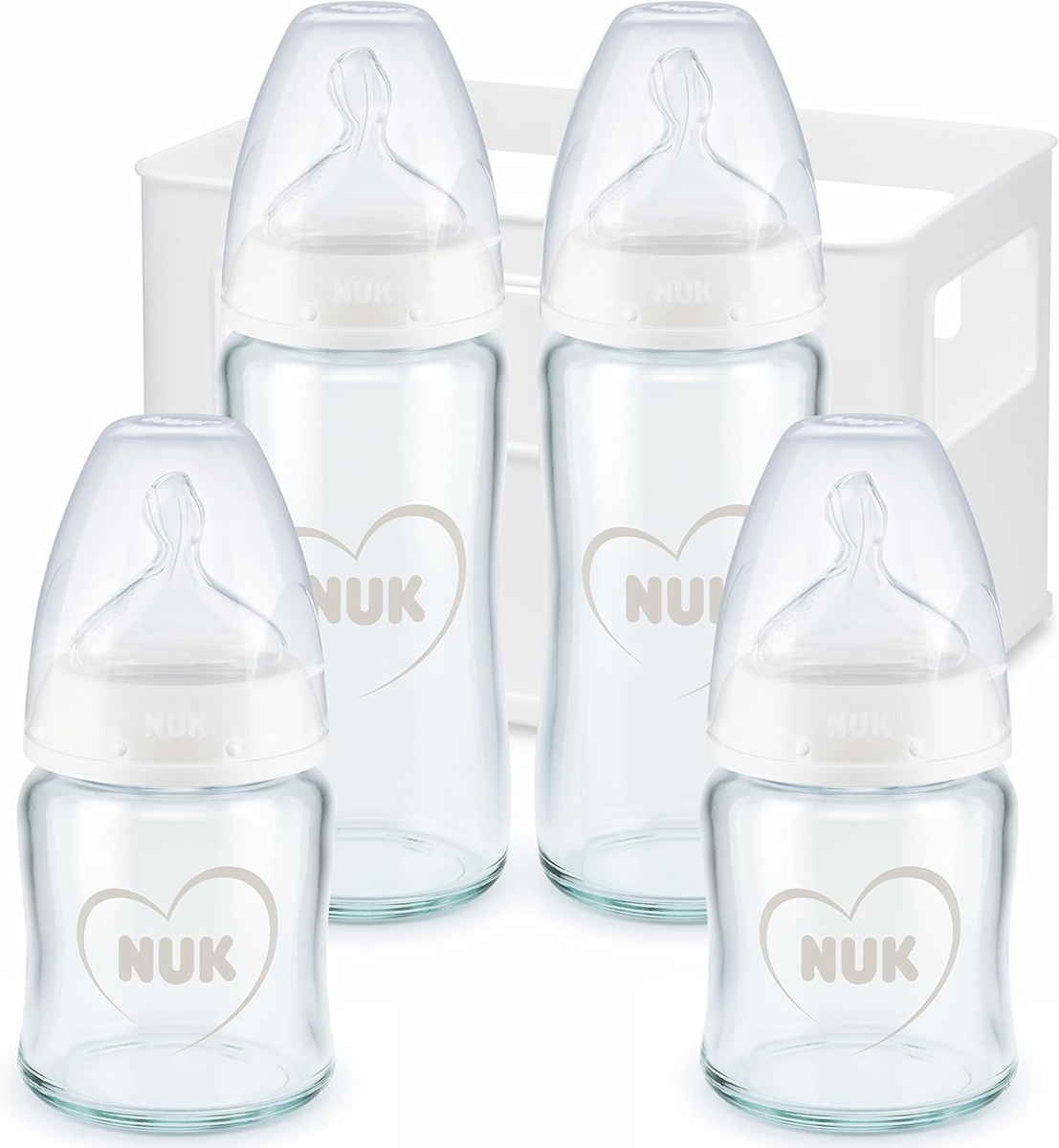 NUK First Choice+ startovací sada 4 SKLENĚNÉ lahve + košík organizér 0-6 m