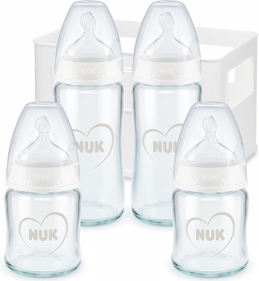 NUK First Choice+ set includes 2 120 ml bottles (S teats), 2 240 ml bottles (M nipples) and a basket