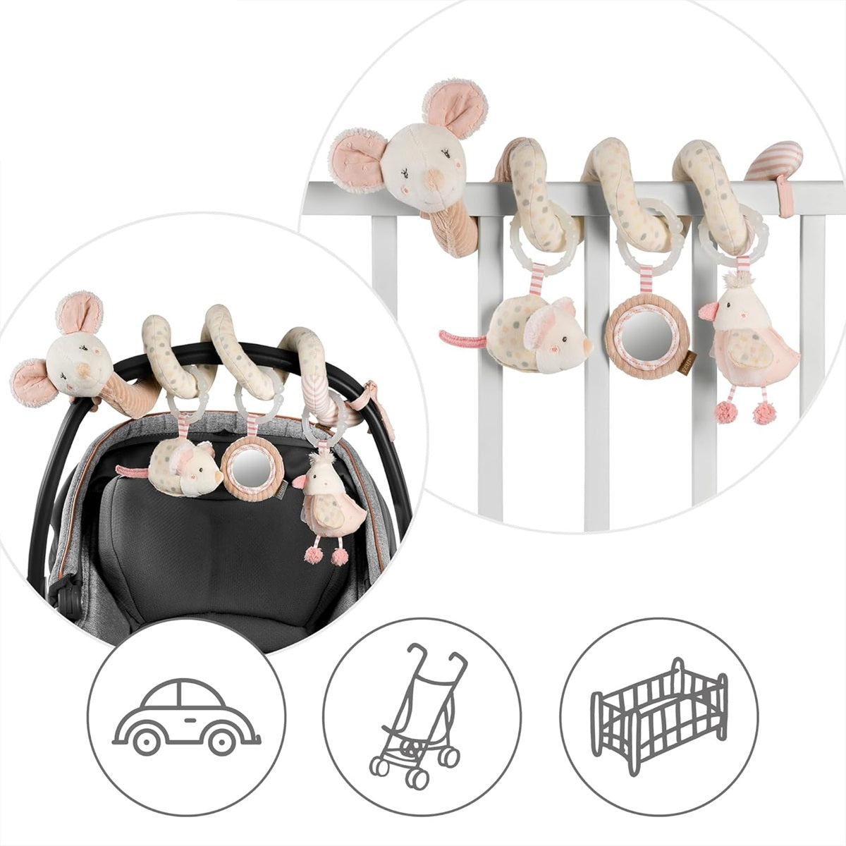 FEHN spiraal hanger voor kinderwagen ledikant autostoeltje MUIS 35 cm gloeiend borduurwerk