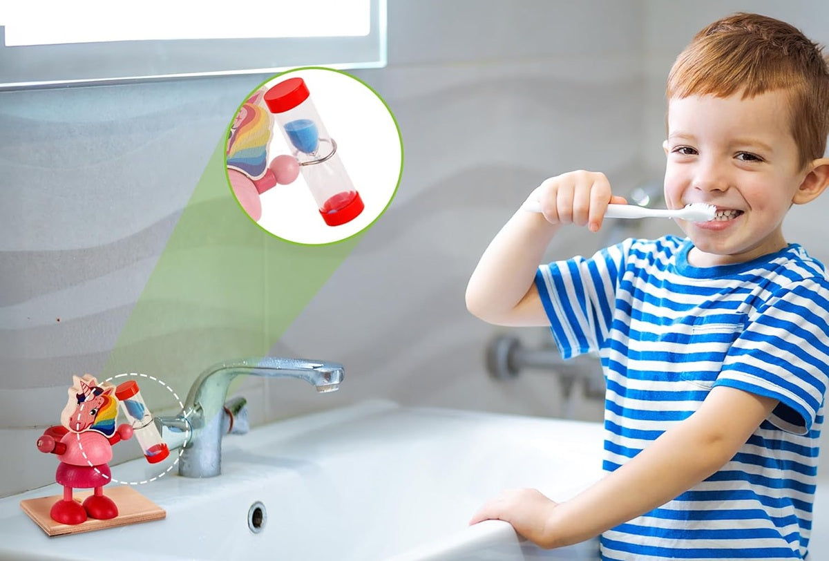 Sablier en bois HESS pour le brossage des dents avec support pour brosse à dents LICORNE