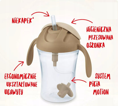 NUK Motion Cup NIEKAPEK z elastyczną słomką 8 m+ żółto-biały kubek niekapek z ergonomicznymi uchwytami