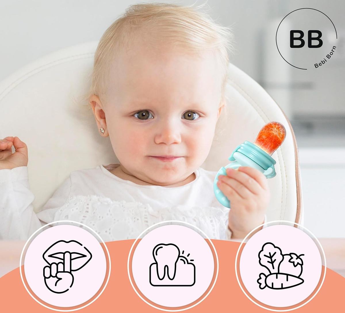 BEBI BORN anneau de dentition distributeur de fruits pour enfants 3-24m 3 embouts