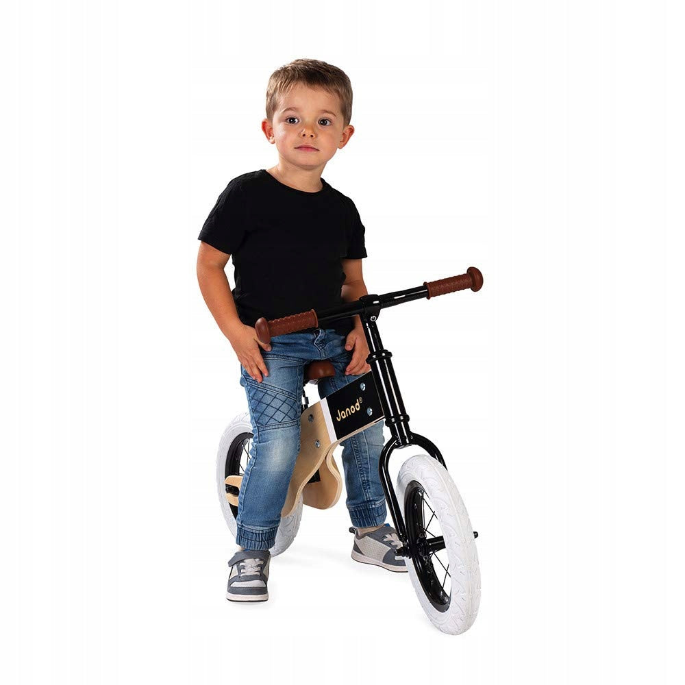 JANOD Bikloon Deluxe drewniany rowerek biegowy 12" siodełko 40-46 cm, czarno-brązowo-biały dla dzieci