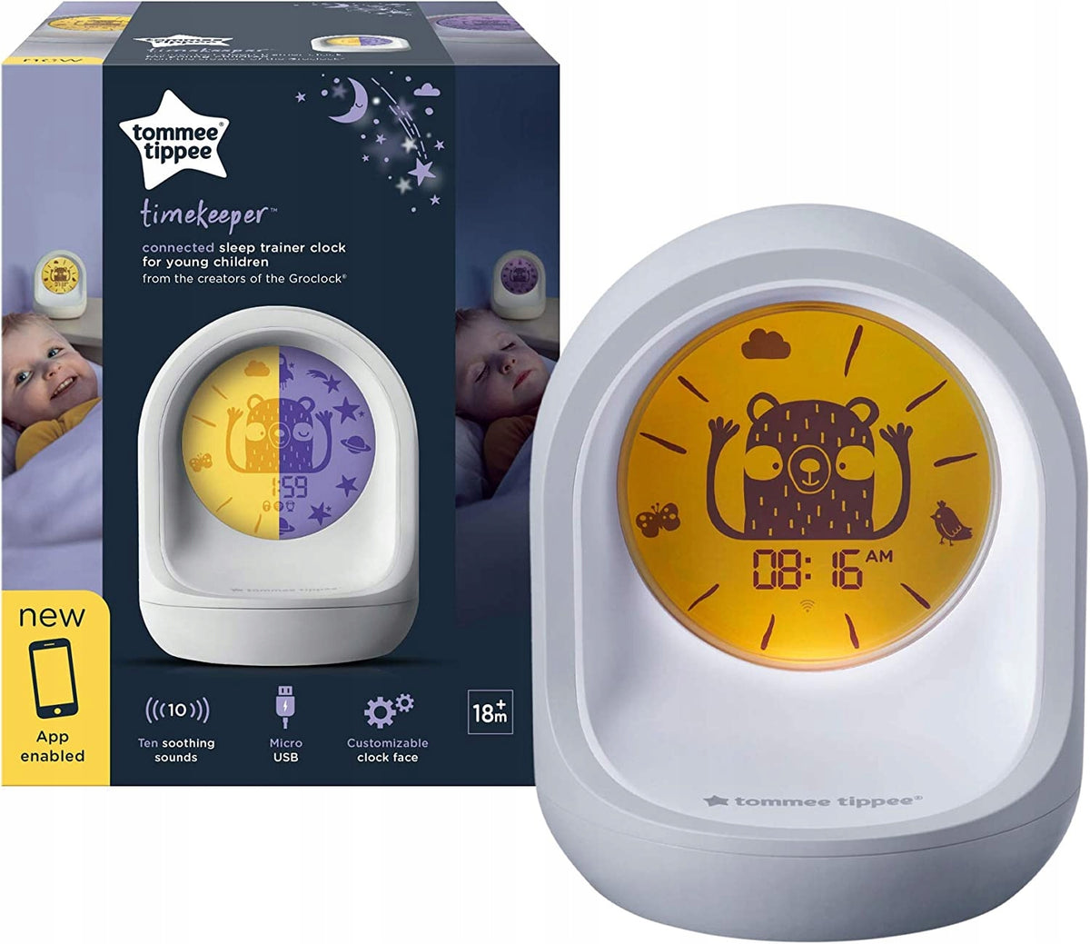 TOMMEE TIPPEE TimeKeeper zegar trener snu biało-szary z wyświetlaczem dla dzieci 18m+