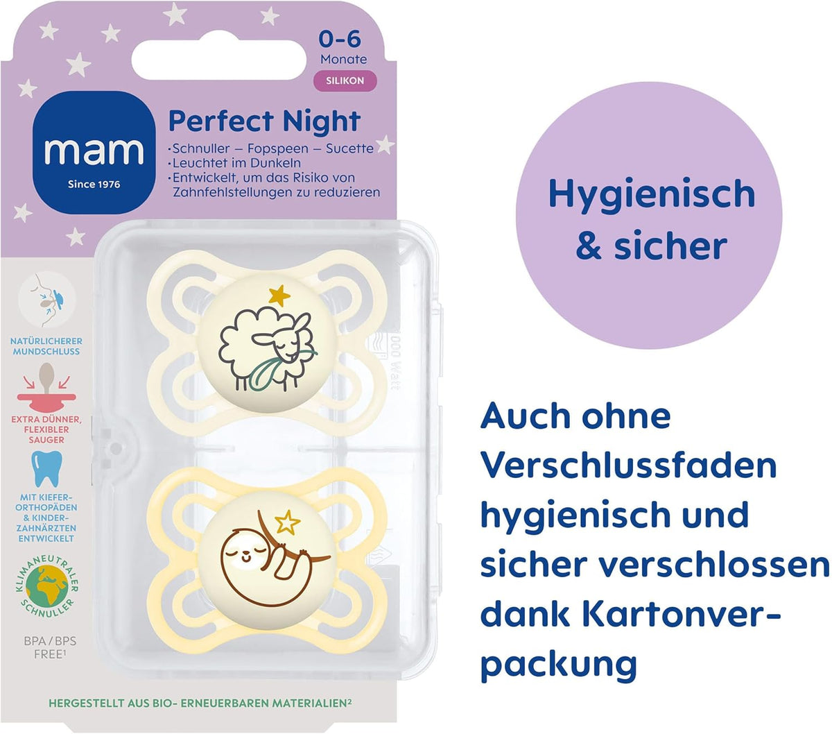 MAM PERFECT NIGHT fopspeen x2 0-6 m + doos
