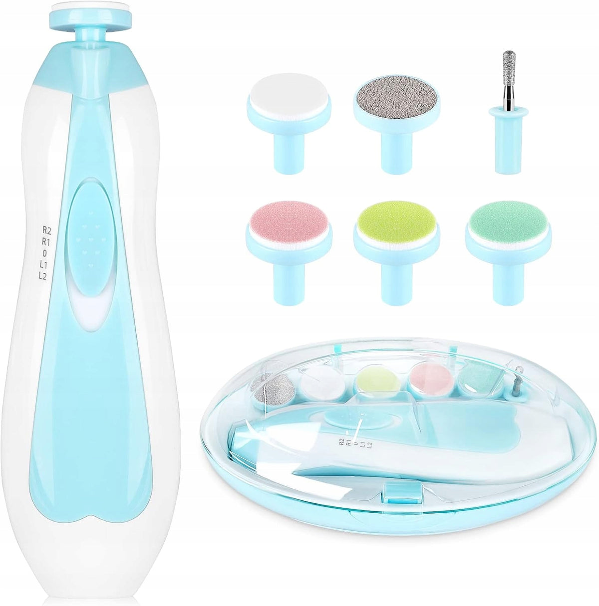 BK elektryczny pilnik do paznokci z lampką LED dla dzieci i dorosłych, biało-niebieski zestaw z końcówkami