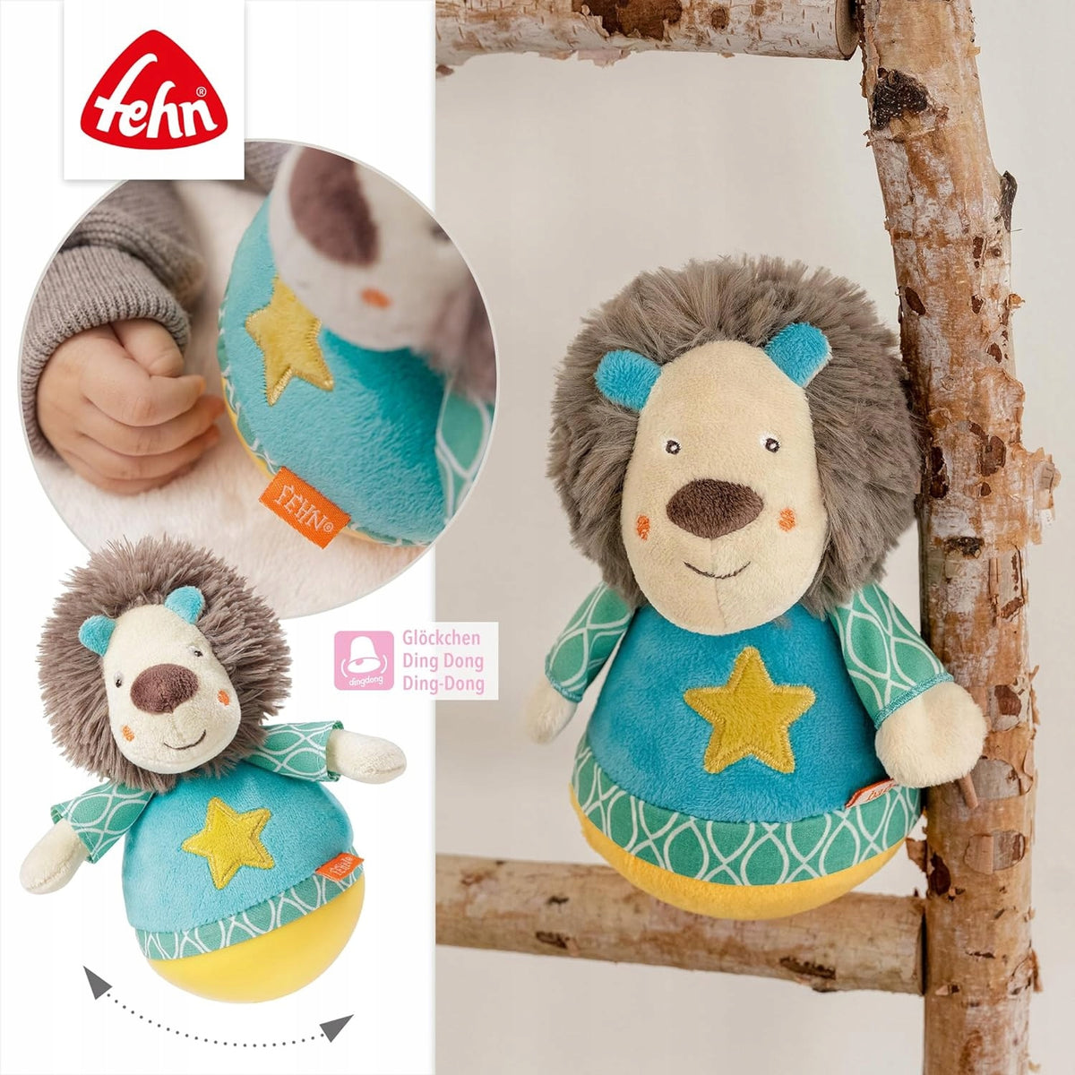 FEHN Funky Friend wańka WSTAŃKA 18cm grzechotka LEW, kolorowa zabawka dla niemowląt z dzwoneczkiem