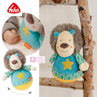 FEHN Funky Friend wańka WSTAŃKA 18cm grzechotka LEW, kolorowa zabawka dla niemowląt z dzwoneczkiem