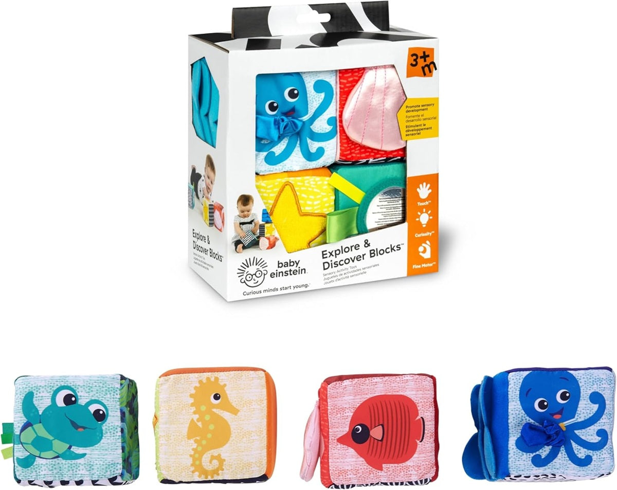 BABY EINSTEIN Explore & Discover Blocks mäkké vzdelávacie kocky 4 kusy