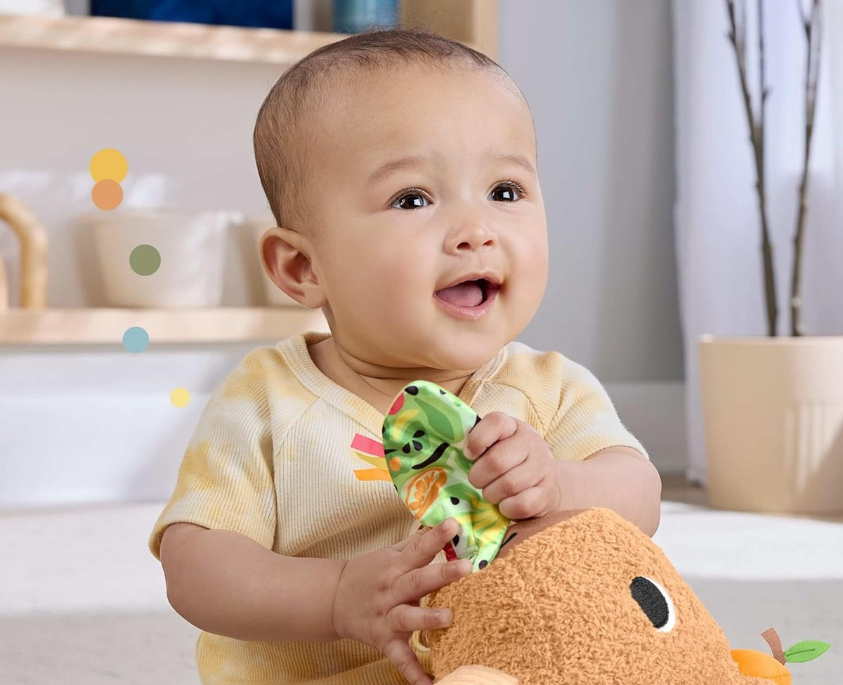 FISHER-PRICE plyšová senzorická kapybara s kousátkem a chrastítkem 23,5 cm