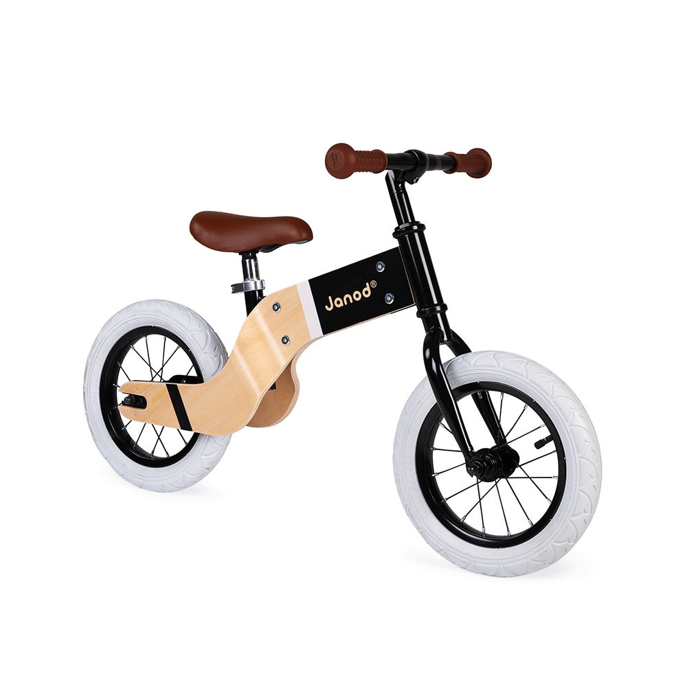JANOD Bikloon Deluxe drewniany rowerek biegowy 12" siodełko 40-46 cm, czarno-brązowo-biały